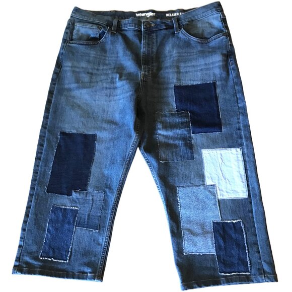 Men’s Patchwork Jeans Shorts, Size 40-30: Upcycled Distressed Denim on Denim - Picture 1 of 11